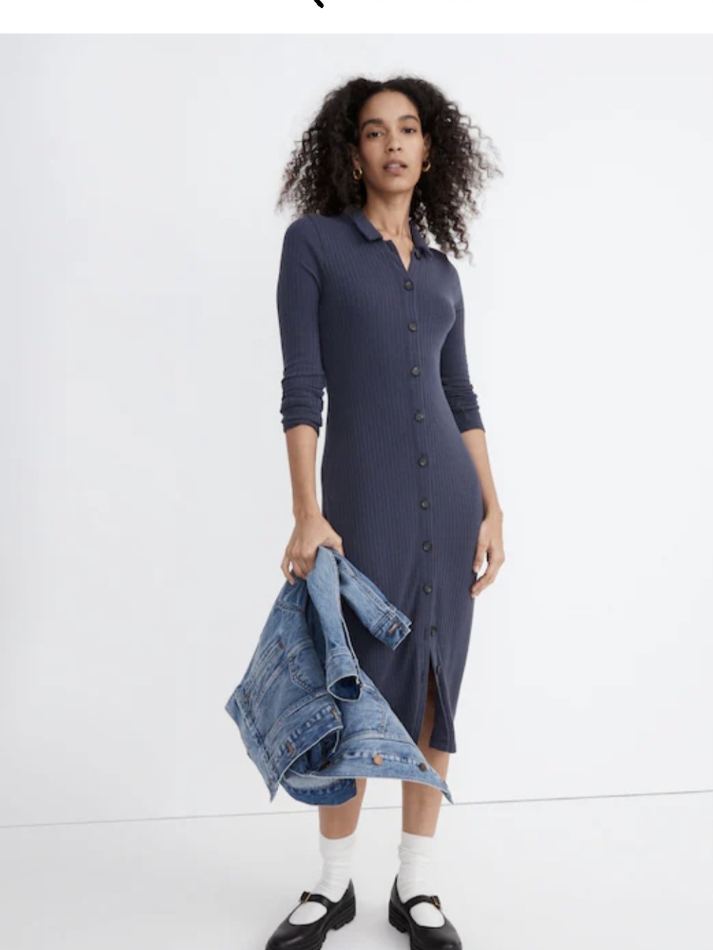 NWT Madewell Button-Front Ribbed Midi Dress in Navy Blue